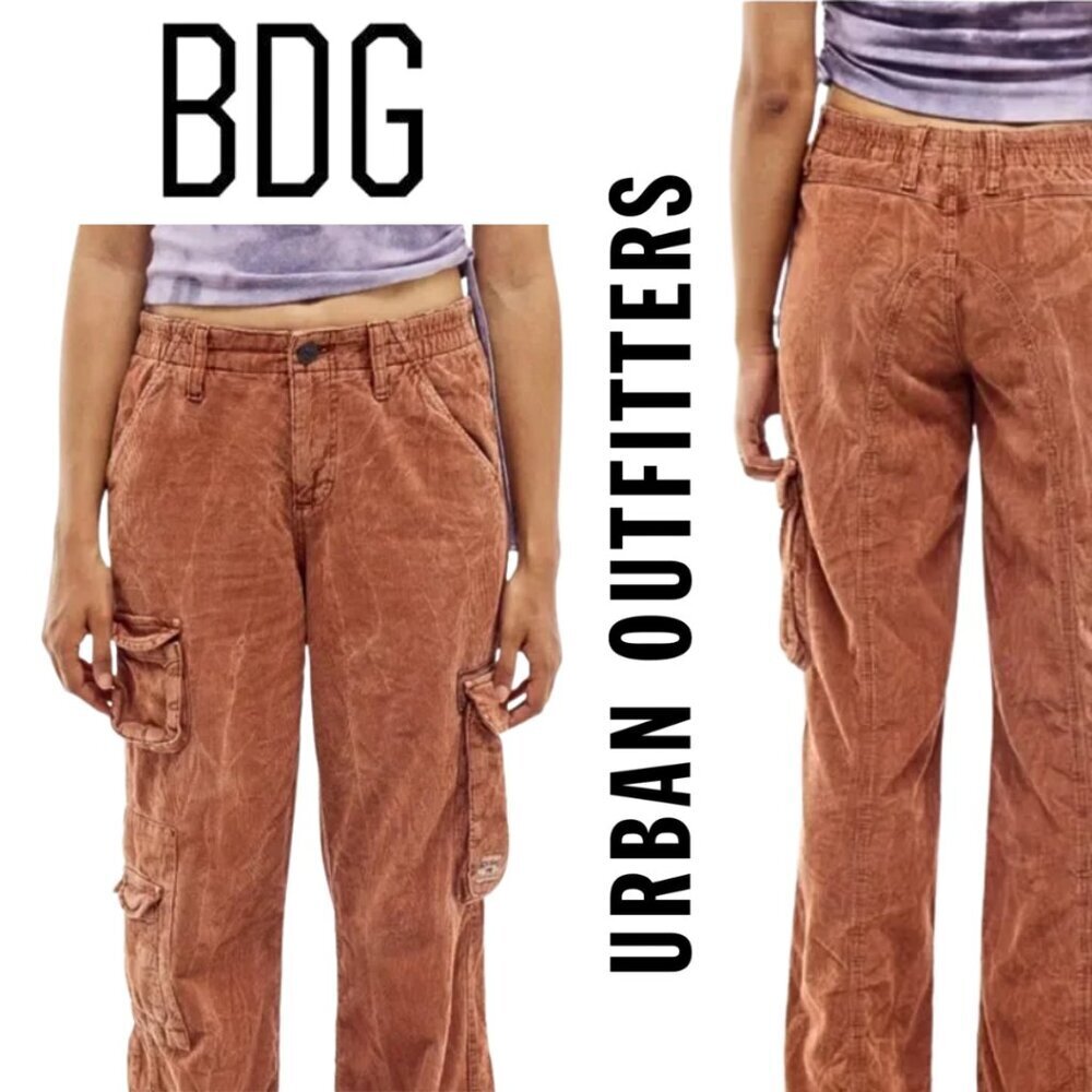 BDG, Urban Outfitters, Y2K Corduroy Wide Leg Cargo Pant, Rust Terracotta